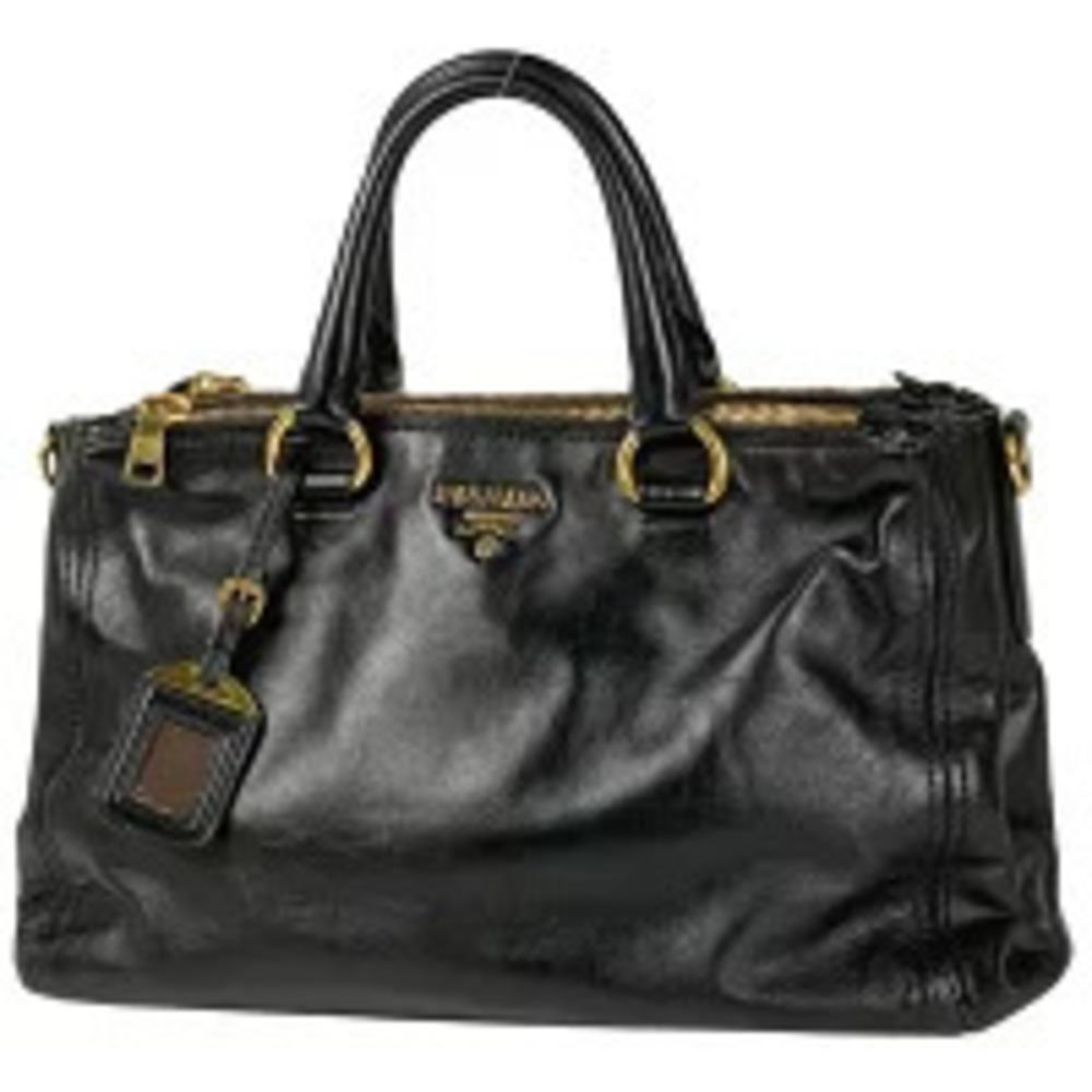 Prada Black Vitello Shine Leather Double Zip Tote